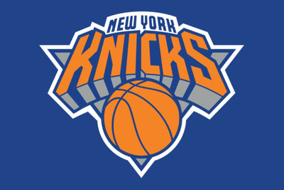 New York Knicks logo with a basketball on a blue background
