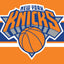 New York Knicks logo with basketball on an orange and blue striped background