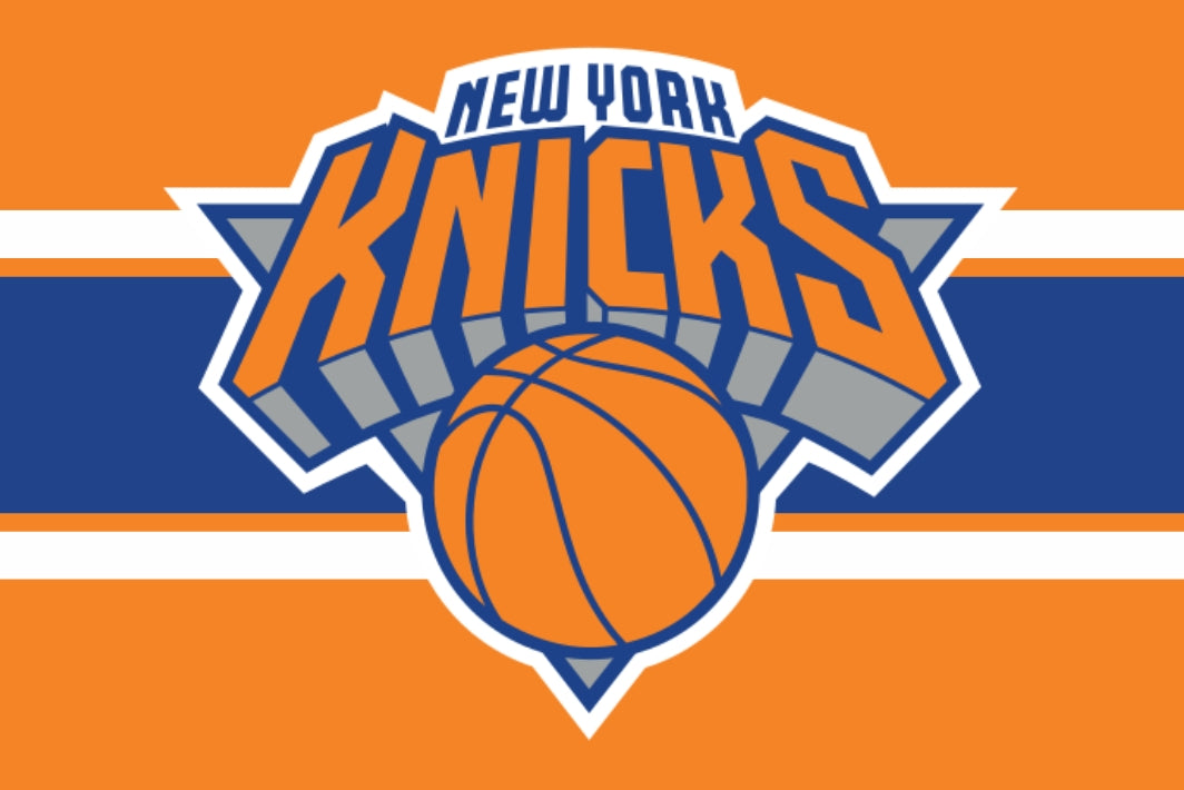 New York Knicks logo with basketball on an orange and blue striped background