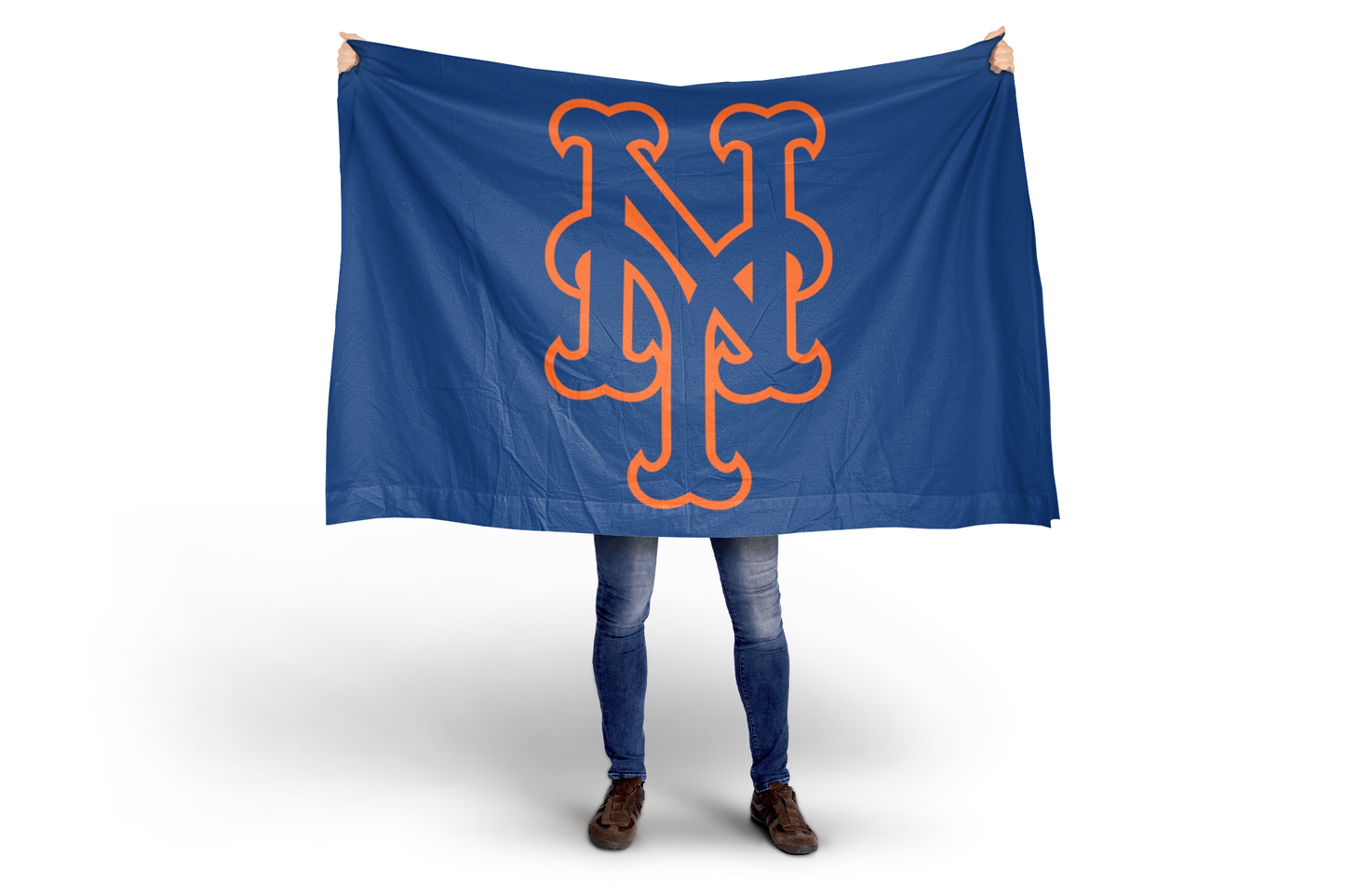 Person holding a blue flag with an orange logo on a white background