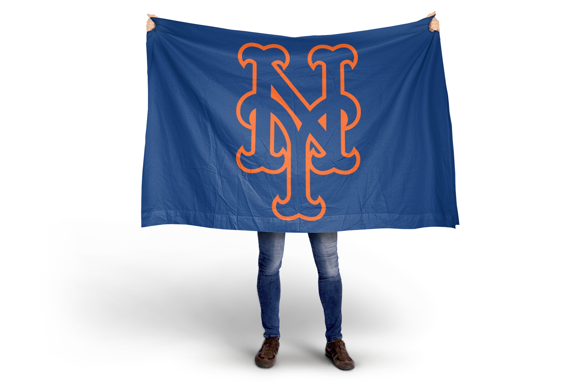 Person holding a blue flag with an orange logo on a white background