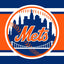 New York Mets logo on a blue and orange striped background