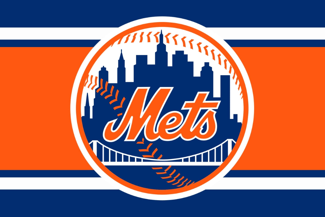 New York Mets logo on a blue and orange striped background
