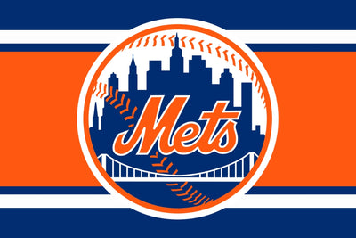 New York Mets logo on a blue and orange striped background