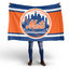 Person holding a New York Mets flag with a white background