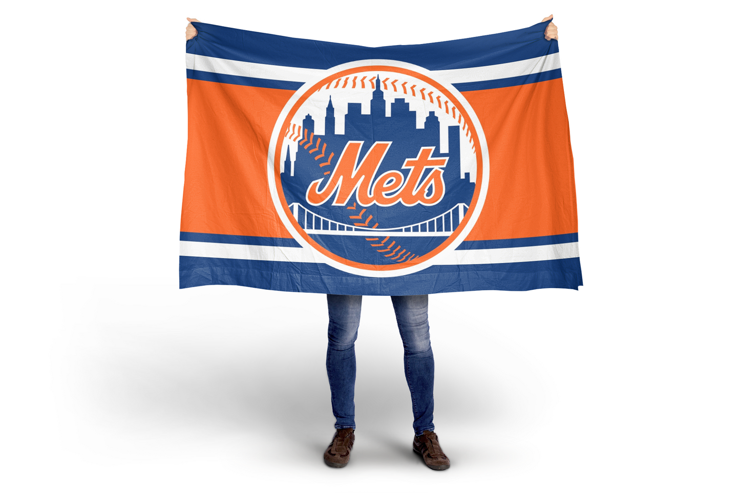 Person holding a New York Mets flag with a white background