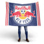 Person holding a Red Bull New York flag on a white background