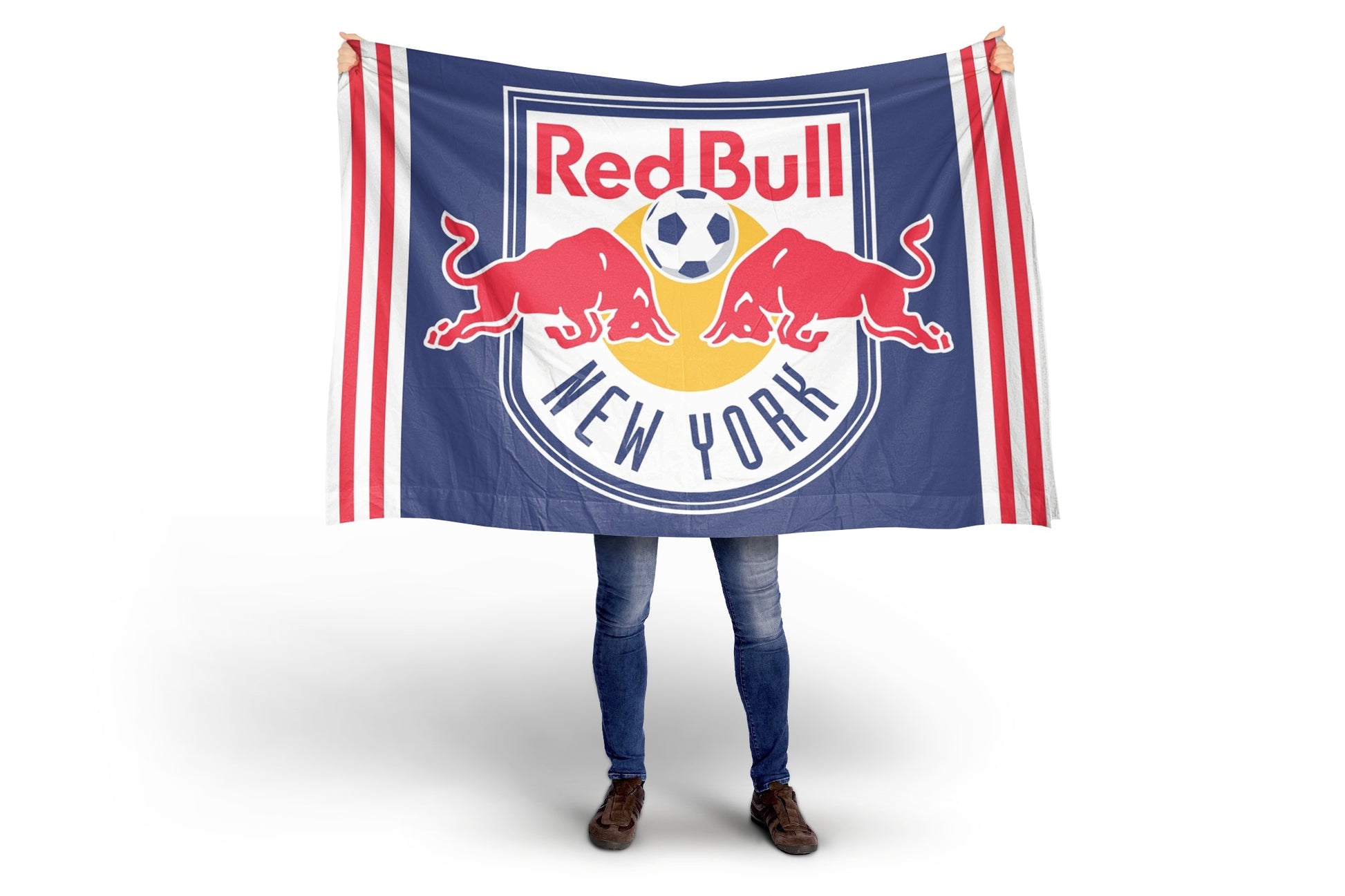 Person holding a Red Bull New York flag on a white background