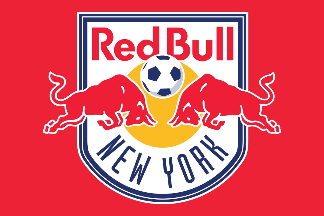 Red Bull New York logo featuring two red bulls and a soccer ball on a red background