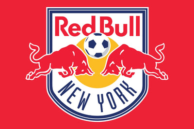 Red Bull New York logo featuring two red bulls and a soccer ball on a red background