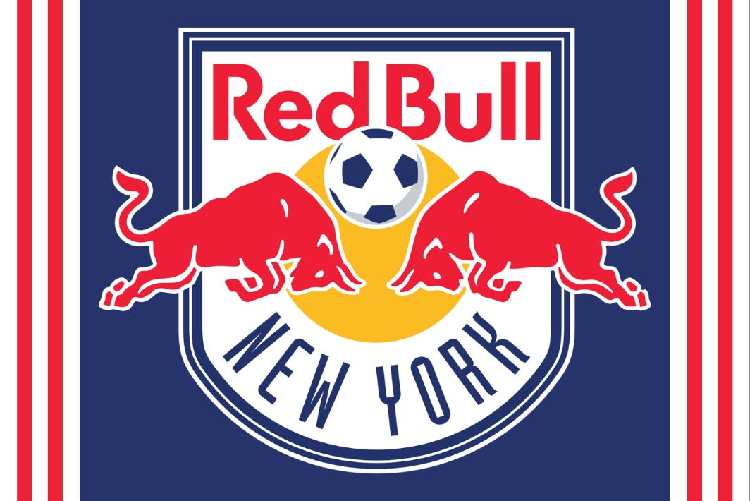 Red Bull New York logo with two red bulls and a soccer ball on a blue background