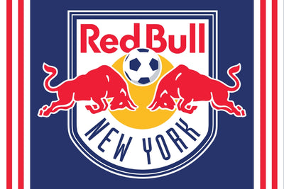 Red Bull New York logo with two red bulls and a soccer ball on a blue background