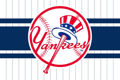 Yankees logo with a baseball and bat on a striped background