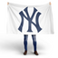 Person holding a white flag with a blue logo on a white background