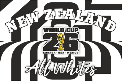 Black and white striped design with 'New Zealand All Whites' text and World Cup 2026 logo.