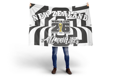Person holding a New Zealand All Whites rugby World Cup 2023 flag on a white background