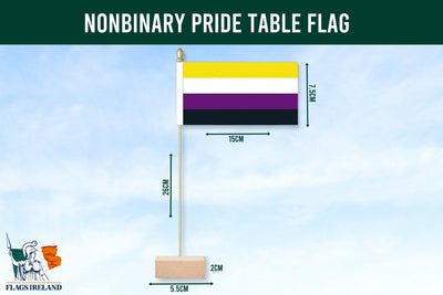 Nonbinary pride table flag with dimensions and Flags Ireland logo on a blue background