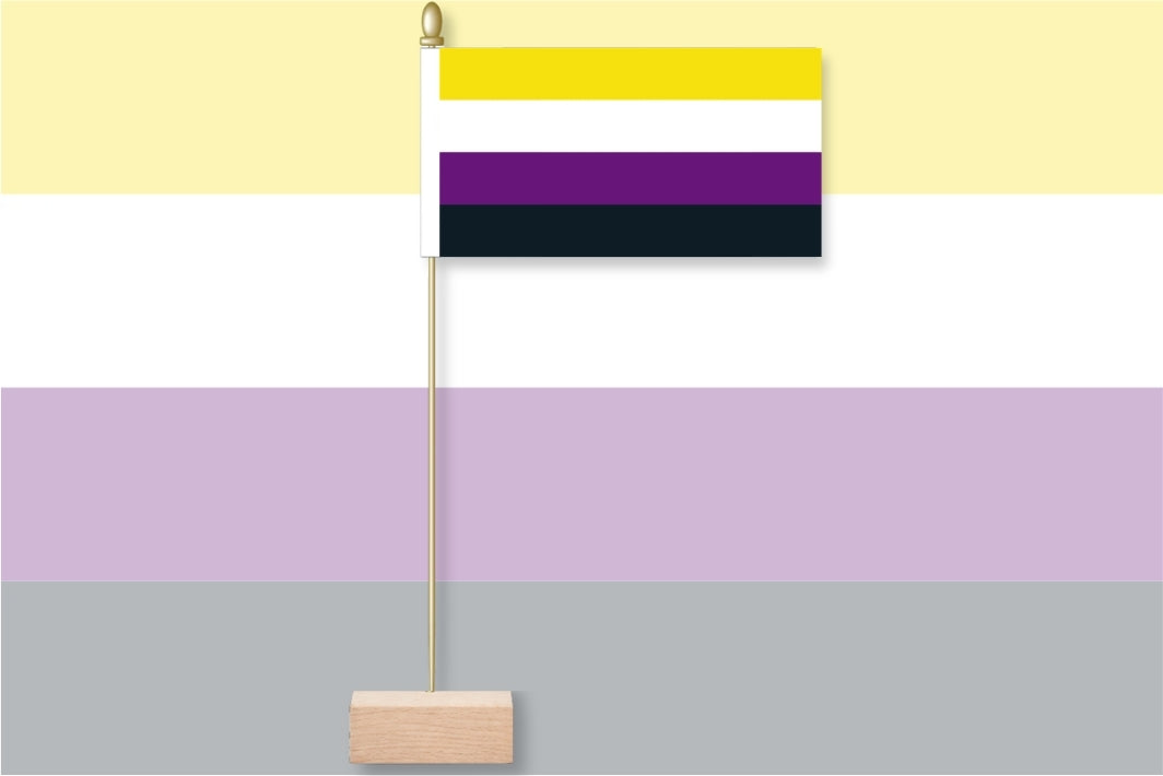 Nonbinary pride flag on a stick against a multicolored background