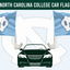 North Carolina car flag design with two light blue flags featuring a white UNC logo, shown above a dark green car silhouette on a pale background.