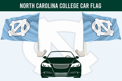 North Carolina car flag design with two light blue flags featuring a white UNC logo, shown above a dark green car silhouette on a pale background.