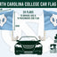North Carolina Tarriers car flag set graphic showing two light blue flags with a large white UNC logo, dimensions labeled 33cm by 28cm, a car silhouette, and small 'Made in Ireland' and 'Flags Ireland' branding.