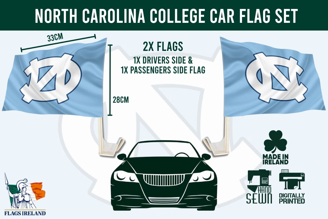 North Carolina Tarriers car flag set graphic showing two light blue flags with a large white UNC logo, dimensions labeled 33cm by 28cm, a car silhouette, and small 'Made in Ireland' and 'Flags Ireland' branding.
