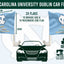 North Carolina University Dublin car flag set graphic showing two light blue flags with a white UNC logo and gold text, plus dimensions, a car silhouette, and Made in Ireland / digitally printed badges.