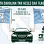 North Carolina Tar Heels car flag set graphic showing two light blue flags with the UNC logo and text, labeled 33cm by 28cm, plus a car silhouette and small maker marks for Flags Ireland, Hand Sewn, and digitally printed.
