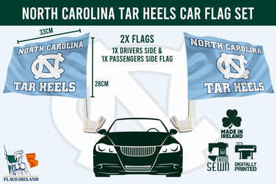 North Carolina Tar Heels car flag set graphic showing two light blue flags with the UNC logo and text, labeled 33cm by 28cm, plus a car silhouette and small maker marks for Flags Ireland, Hand Sewn, and digitally printed.