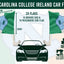 North Carolina College Ireland car flag set graphic with two flags featuring the NC logo in light blue on a green, white, and orange background, above a black car silhouette on a pale peach and mint backdrop.