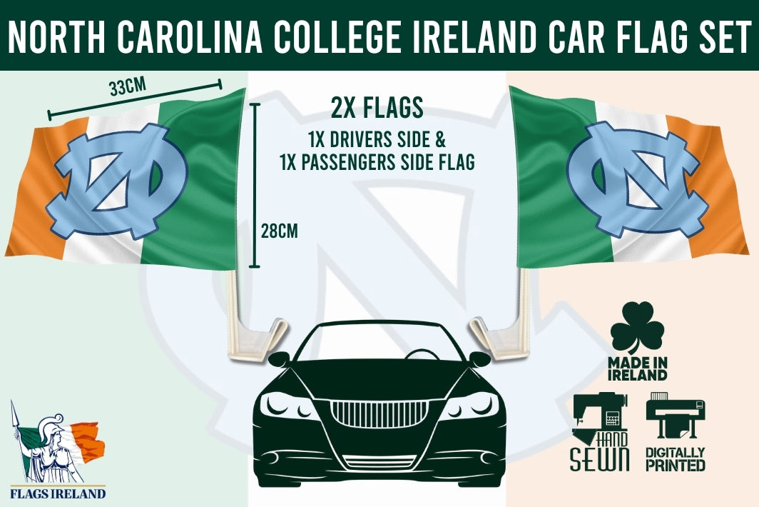 North Carolina College Ireland car flag set graphic with two flags featuring the NC logo in light blue on a green, white, and orange background, above a black car silhouette on a pale peach and mint backdrop.