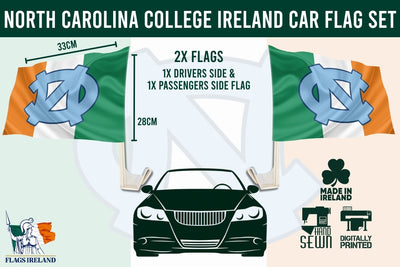 North Carolina College Ireland car flag set graphic with two flags featuring the NC logo in light blue on a green, white, and orange background, above a black car silhouette on a pale peach and mint backdrop.