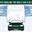 North Carolina Tar Heels car flag set featuring two light blue flags with the UNC logo and 'NORTH CAROLINA TAR HEELS' text, shown above a dark green car illustration on a pale background.
