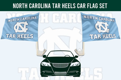 North Carolina Tar Heels car flag set featuring two light blue flags with the UNC logo and 'NORTH CAROLINA TAR HEELS' text, shown above a dark green car illustration on a pale background.