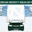 North Carolina University Dublin Car Flag Set featuring two light blue flags with the UNC logo and 'Ireland 2026' text, shown above a dark green car silhouette on a pale blue background.