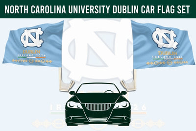 North Carolina University Dublin Car Flag Set featuring two light blue flags with the UNC logo and 'Ireland 2026' text, shown above a dark green car silhouette on a pale blue background.