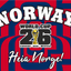 Promotional graphic for Norway's participation in the 2026 World Cup with a red and blue striped background.