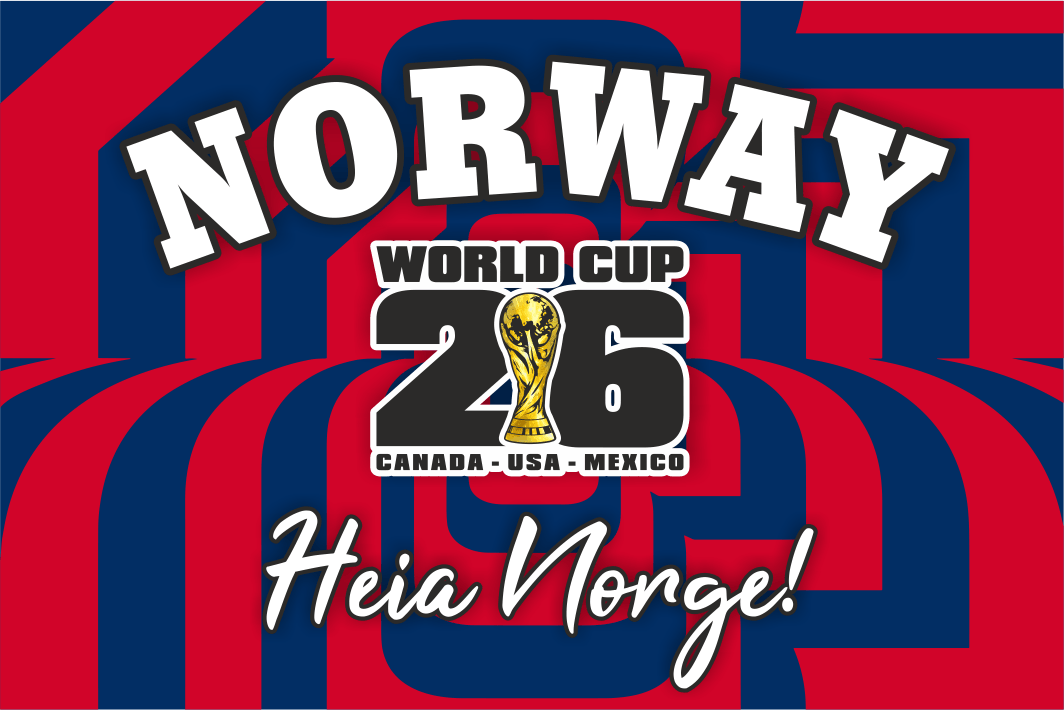Promotional graphic for Norway's participation in the 2026 World Cup with a red and blue striped background.
