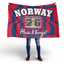 Person holding a Norway World Cup 2026 flag with red and blue design.