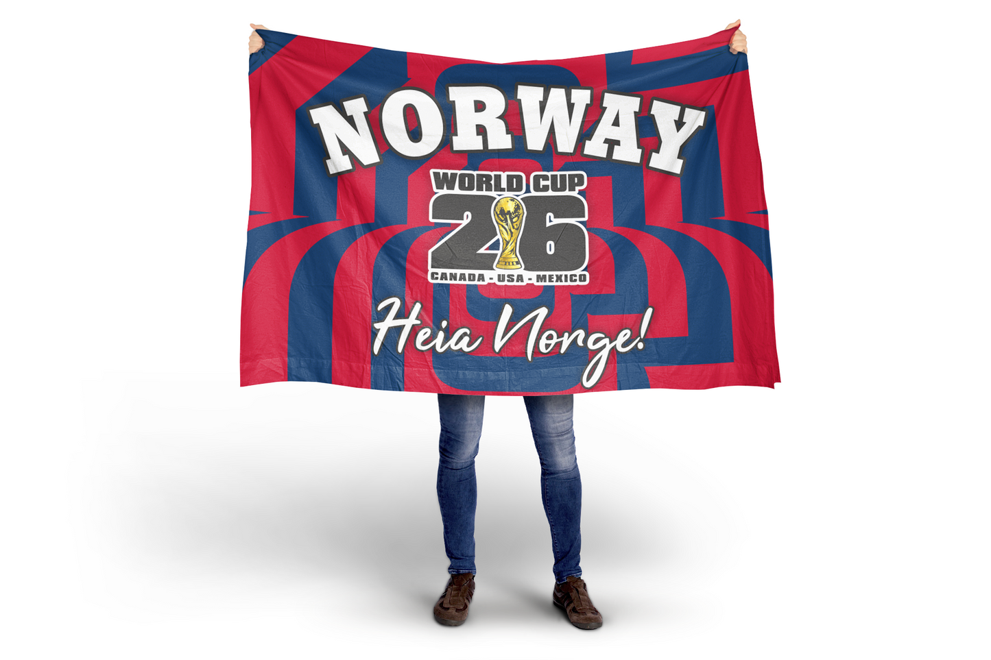 Person holding a Norway World Cup 2026 flag with red and blue design.
