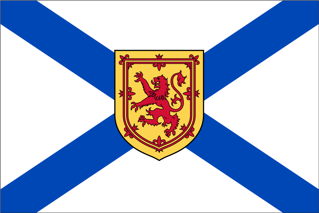 The flag of Nova Scotia consists of a blue saltire on a white field defaced with the royal arms of Scotland.