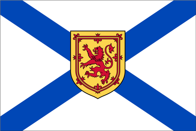 The flag of Nova Scotia consists of a blue saltire on a white field defaced with the royal arms of Scotland.