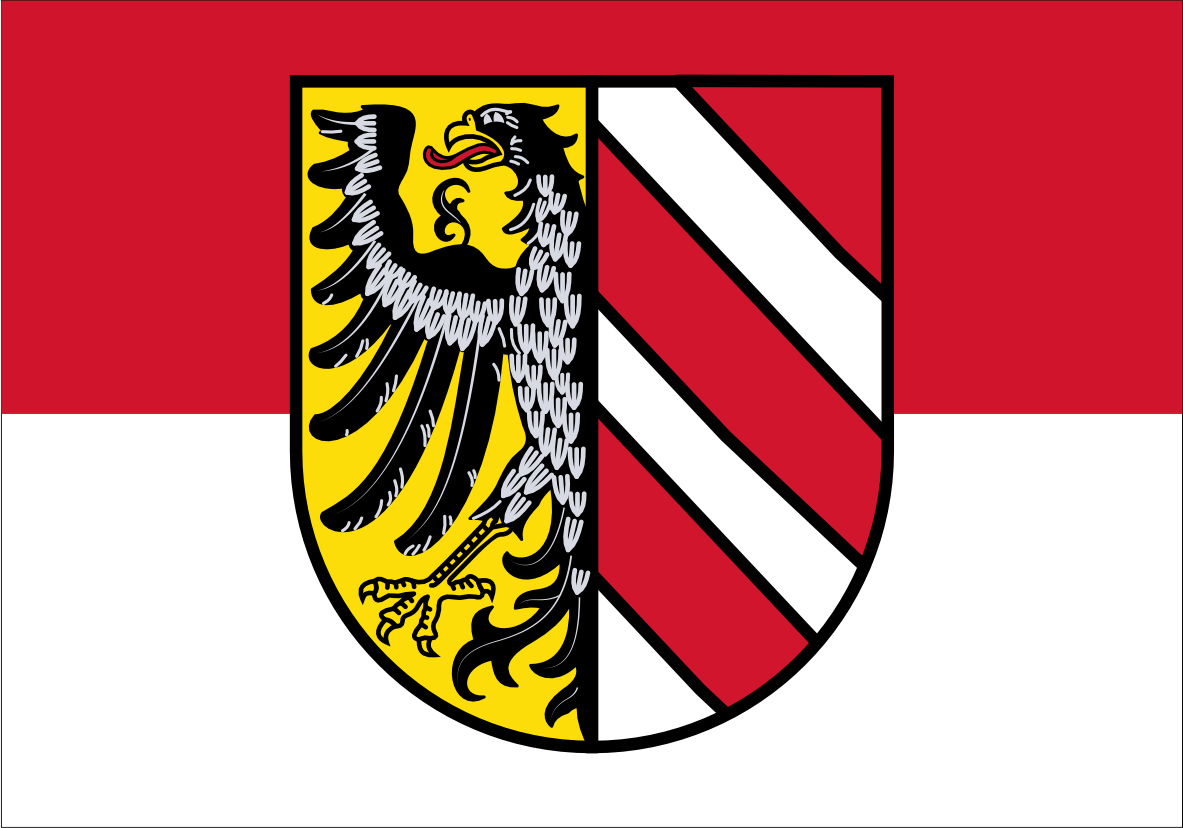 Nuremberg Flag. featuring a horizontal bicolor of red and white with the state coat of arms (a shield containing a black eagle on yellow and diagonal red and white stripes) in the center.