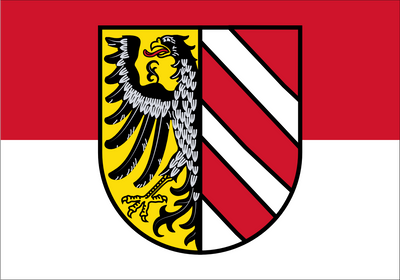 Nuremberg Flag. featuring a horizontal bicolor of red and white with the state coat of arms (a shield containing a black eagle on yellow and diagonal red and white stripes) in the center.