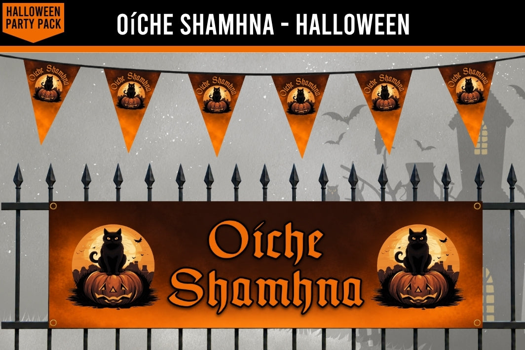 Halloween shamna banner and bunting set with orange triangular flags and a large rectangular banner featuring a black cat on a pumpkin, the text 'Oíche Shamhna', and a full moon background, shown against a spooky gray house silhouette backdrop.