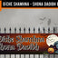 A Halloween-themed decorative banner displayed on a black metal fence. The banner has a dark red and orange gradient background with the text 'Oíche Shamhna Shona Daoibh' in white gothic lettering, accompanied by illustrations of a full moon, bats, a jack-o'-lantern, and a tombstone.