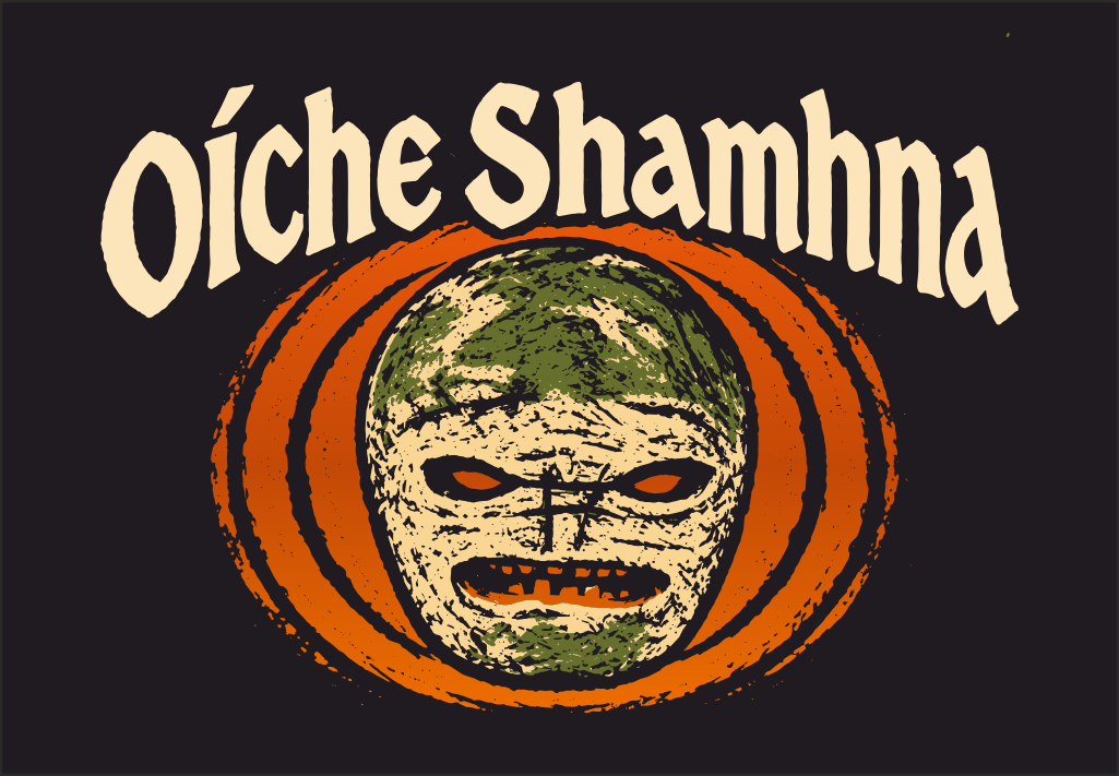 A graphic print featuring the Gaelic phrase 'Oíche Shamhna' in cream-colored stylized lettering above a central illustration of a shamrock mask with orange eyes, set against a circular orange and black background on a dark charcoal backdrop.