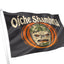A black flag on a white pole featuring the text 'Oíche Shamna' in beige above a stylized mask inside an orange circular design, shown against a plain white background.