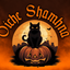 Halloween-themed graphic with the words 'O'che Shambha' in orange gothic lettering above a black cat sitting on a carved jack-o'-lantern pumpkin, set against an orange and brown smoky background with a full moon and bats.