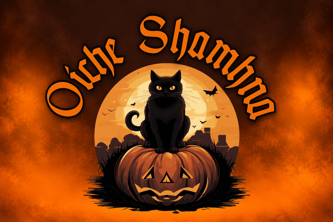Halloween-themed graphic with the words 'O'che Shambha' in orange gothic lettering above a black cat sitting on a carved jack-o'-lantern pumpkin, set against an orange and brown smoky background with a full moon and bats.